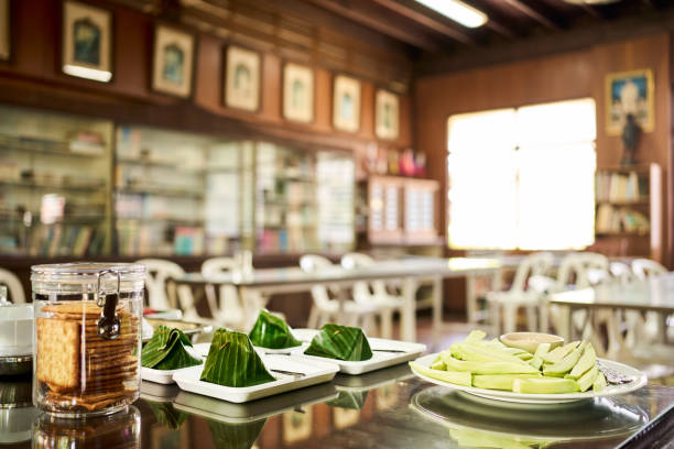 Healthy nutritious meal for children served on table in empty classroom